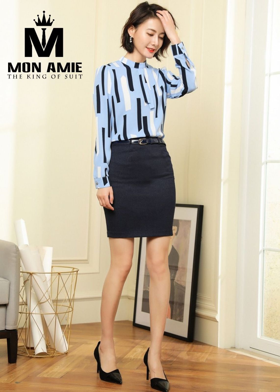 Stand Collar Color Block Pattern Blue Shirt 